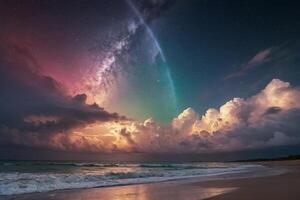 a colorful storm is seen over the ocean photo