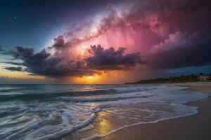 a colorful storm is seen over the ocean photo