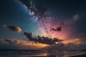 a colorful storm is seen over the ocean photo