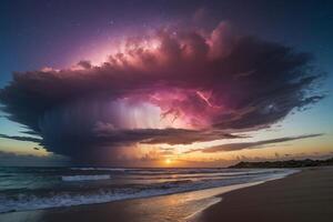 a colorful storm is seen over the ocean photo