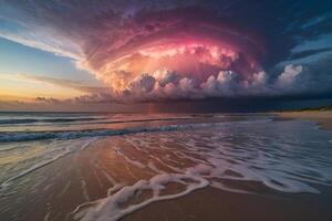 a colorful storm is seen over the ocean photo