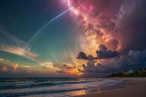 a colorful storm is seen over the ocean photo