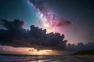 a colorful sunset over the ocean and beach photo