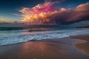 a colorful sunset over the ocean and beach photo