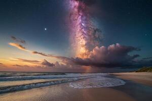 un vistoso puesta de sol terminado el Oceano y playa foto