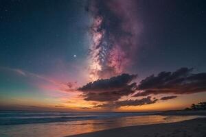 a colorful sunset over the ocean and beach photo