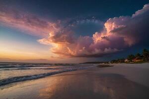 a colorful sunset over the ocean and beach photo