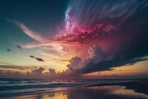 a colorful sunset over the ocean and beach photo