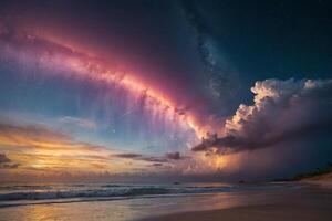 a colorful sunset over the ocean and beach photo