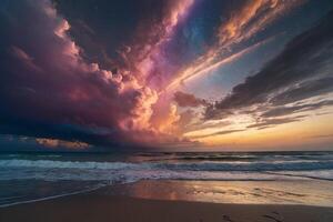 a colorful sunset over the ocean and beach photo