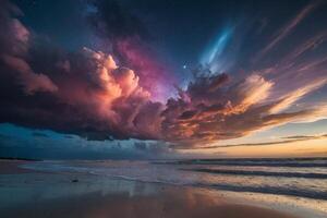 un vistoso puesta de sol terminado el Oceano y playa foto