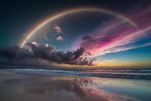 un arco iris y nubes son visto terminado el Oceano foto
