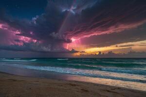 a colorful sunset over the ocean and beach photo