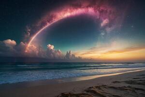 a rainbow and clouds are seen over the ocean photo