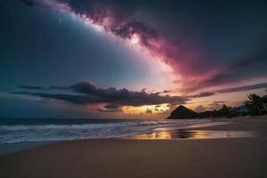 a rainbow and clouds are seen over the ocean photo