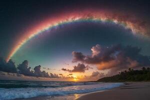 un arco iris y nubes son visto terminado el Oceano foto