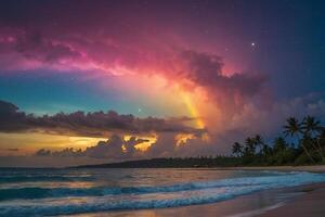 a rainbow and clouds are seen over the ocean photo