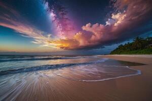 a rainbow and clouds are seen over the ocean photo