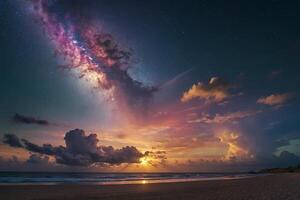 a rainbow and clouds are seen over the ocean photo