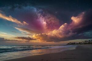 a rainbow and clouds are seen over the ocean photo