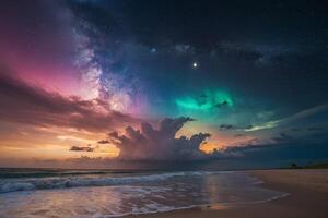 un arco iris y nubes son visto terminado el Oceano foto