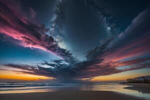 un arco iris y nubes son visto terminado el Oceano foto