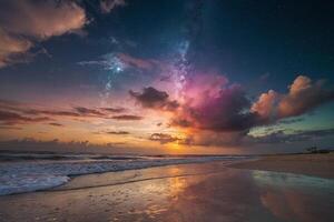 un arco iris es visto terminado el Oceano a noche foto