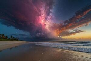 a rainbow is seen over the ocean at night photo