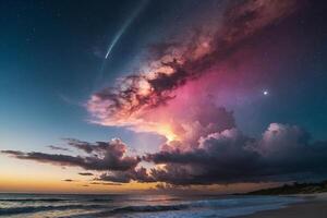 a rainbow is seen over the ocean at night photo