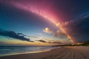 a rainbow is seen over the ocean at night photo