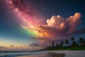 a rainbow is seen over the ocean at night photo