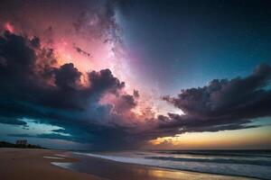 a rainbow is seen over the ocean at night photo