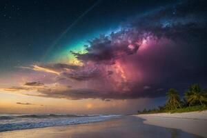 a rainbow is seen over the ocean at night photo