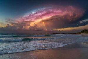 un arco iris es visto terminado el Oceano a noche foto