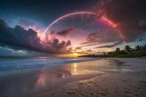 a rainbow is seen over the ocean at night photo