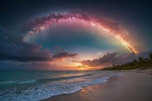 a rainbow is seen over the ocean at night photo