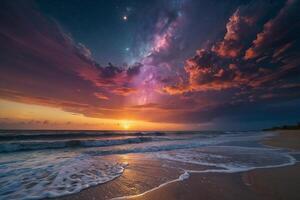 a rainbow is seen over the ocean at night photo