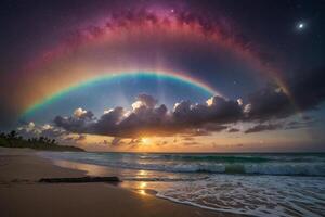 a rainbow is seen over the ocean at night photo