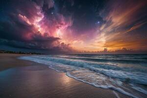 a rainbow is seen over the ocean at night photo