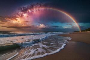 a rainbow is seen over the ocean at night photo