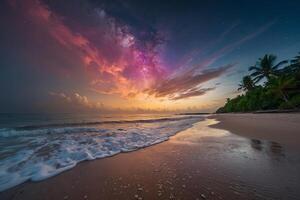 a rainbow is seen over the ocean at night photo