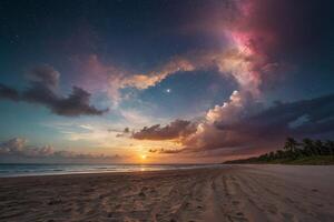 a rainbow is seen over the ocean at night photo