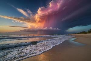 a colorful cloud is seen over the ocean photo