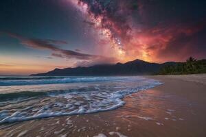 a colorful cloud is seen over the ocean photo