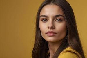 a beautiful young woman with long brown hair photo