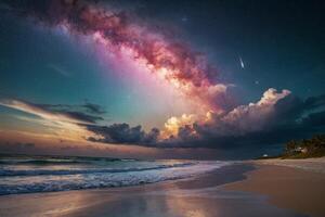 a colorful cloud is seen over the ocean photo