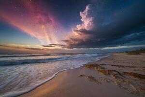 a colorful cloud is seen over the ocean photo