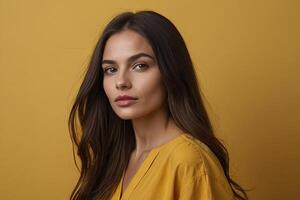 a beautiful young woman with long brown hair photo