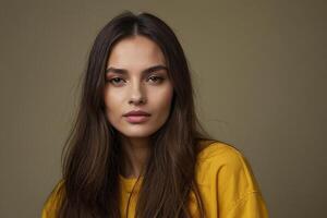 a beautiful young woman with long brown hair photo