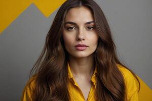 a woman with long hair and a yellow shirt photo